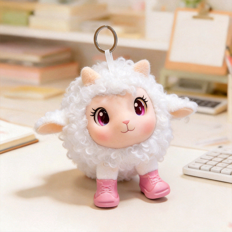 Plush Ram Keychain Charm with Curly Faux-Fur, Sculpted Face, Bell Necklace and Metal Ring Kalsten