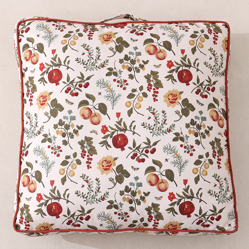 Large square floor cushion with floral cotton cover, piping, and carrying handle Kalsten