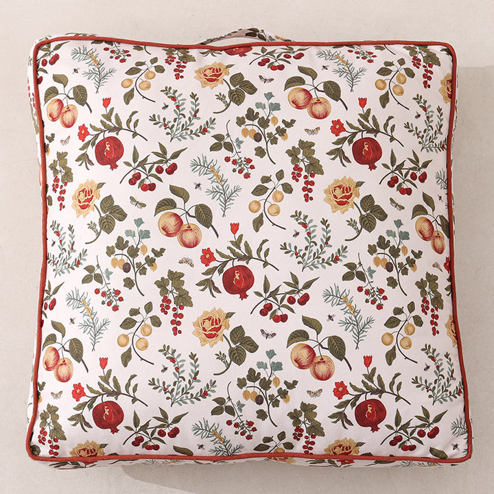 Large square floor cushion with floral cotton cover, piping, and carrying handle Kalsten