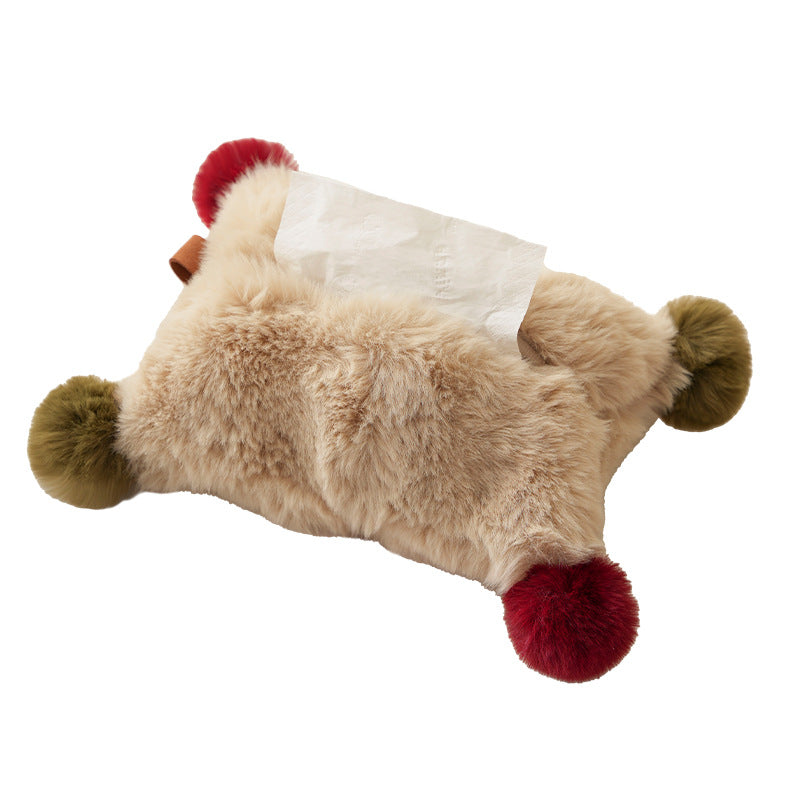 Plush tissue box cover made of faux fur with colorful pom-pom corners Kalsten