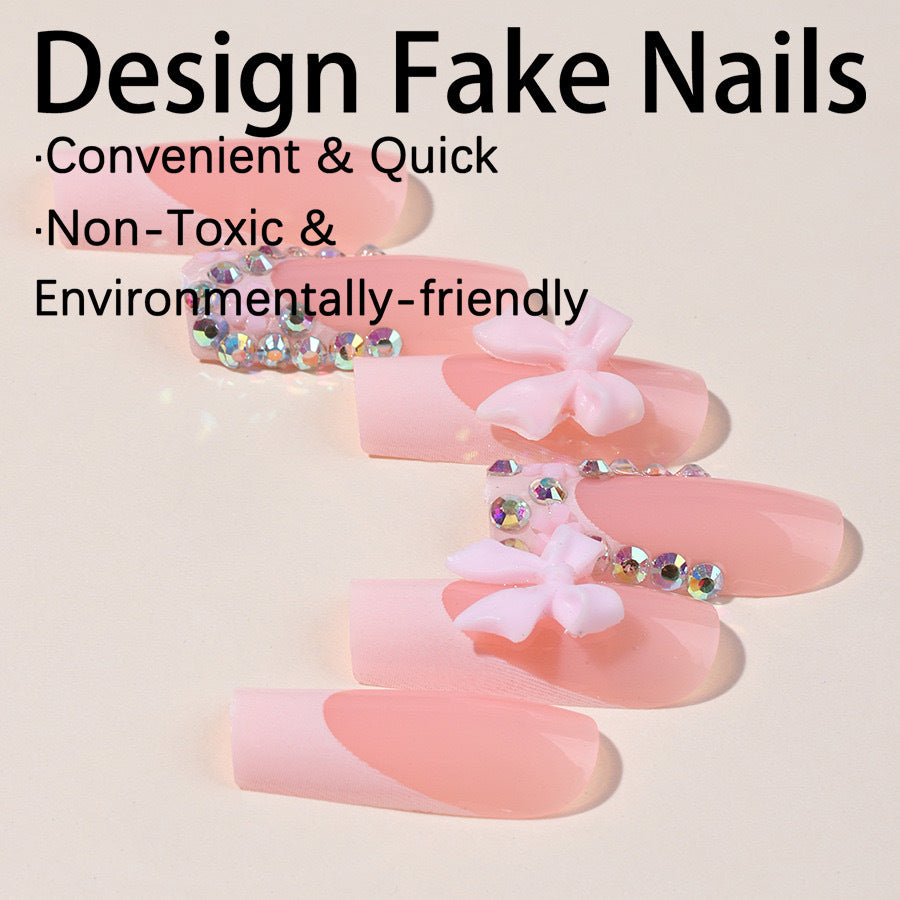Artifical nail set with glamorous 3D bows and crystal embellishments Kalsten