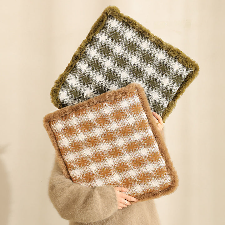 Padded checked chair cushion with faux fur border Kalsten