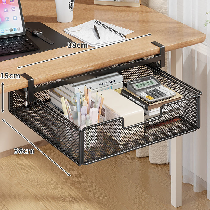 Clamp-On Under-Table Sliding Mesh Drawer with Adjustable Rail and Ventilated Metal Basket