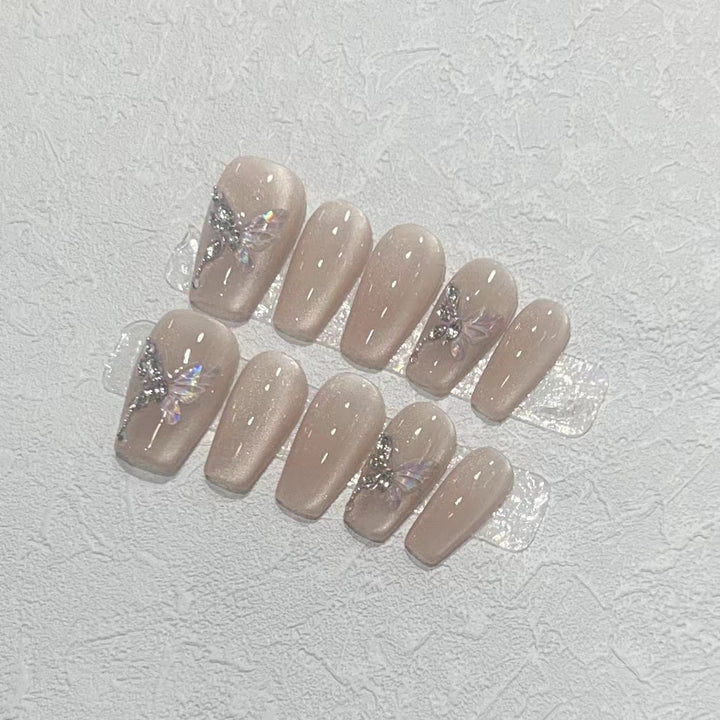 Stylish Press-On Nail Art Set with Elegant Butterfly and Gem Accents Kalsten