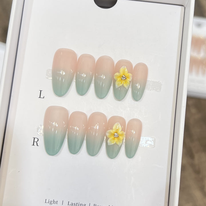 Elegant Ombre Press-On Nail Set with Floral Accents Kalsten