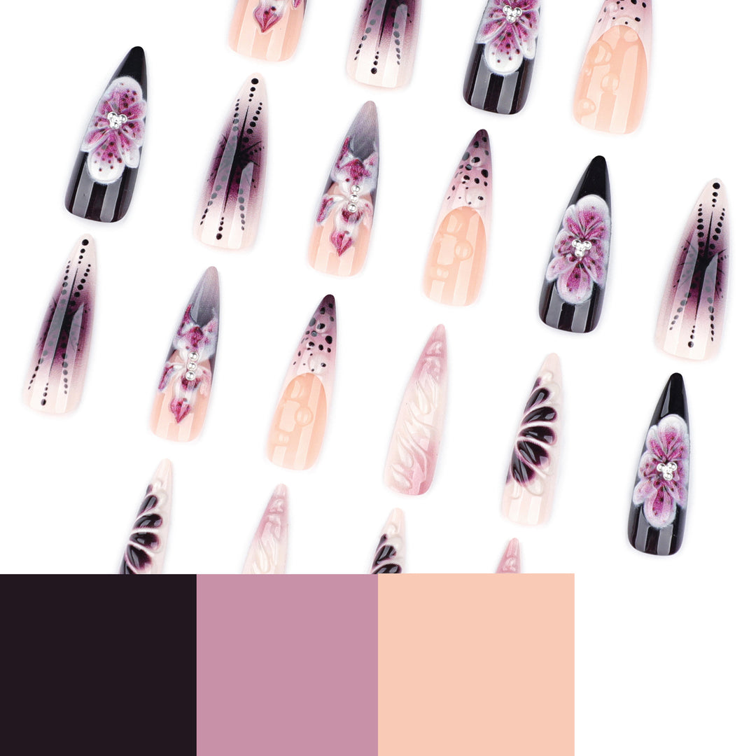 Artistic stiletto nails with floral 3D embellishments Kalsten