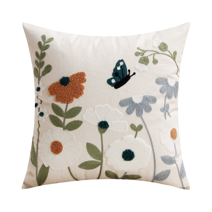 Hand-Embroidered Meadow Motif Linen-Blend Lumbar Cushion Cover
