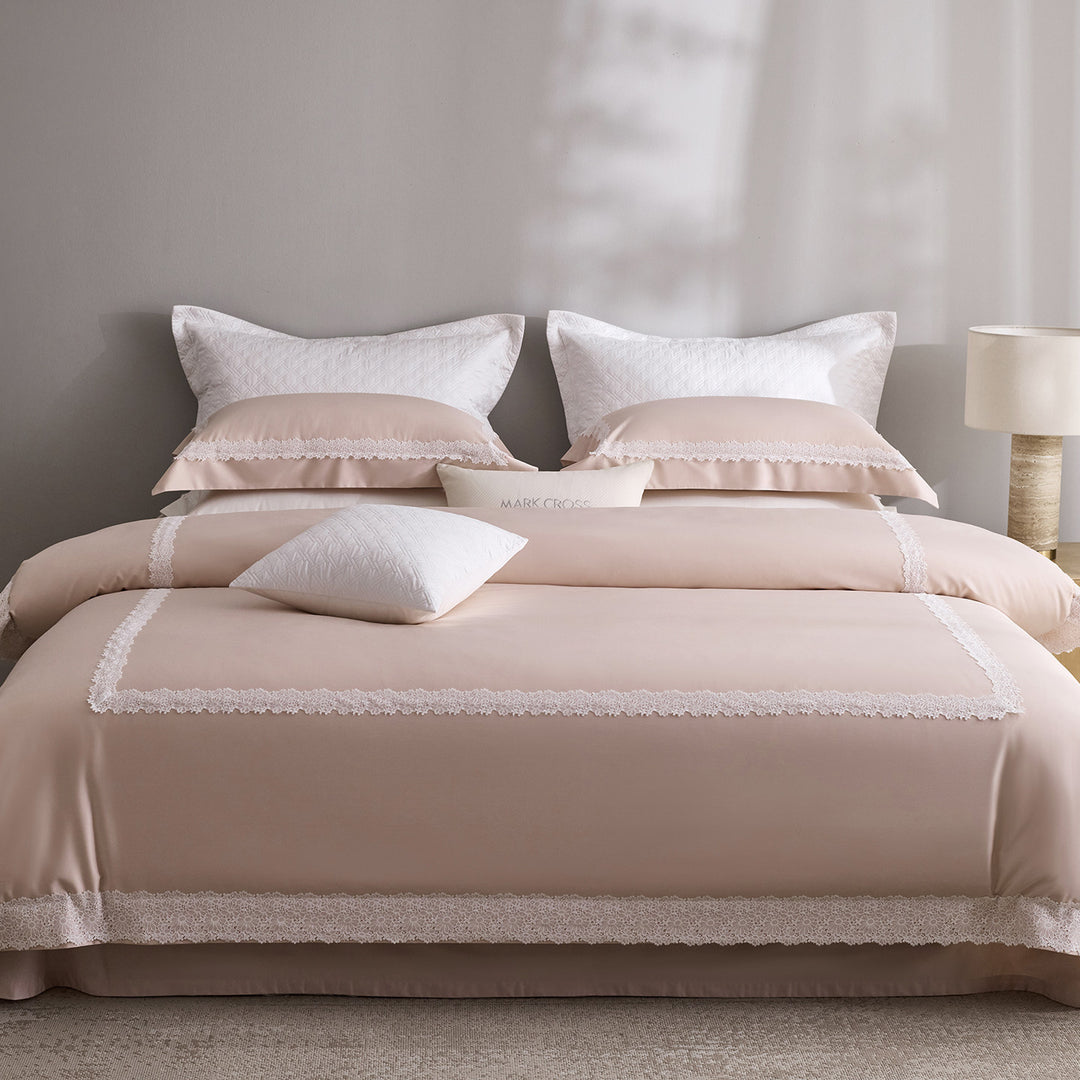 Luxury cotton satin bedding set with fine lace trim in hotel style