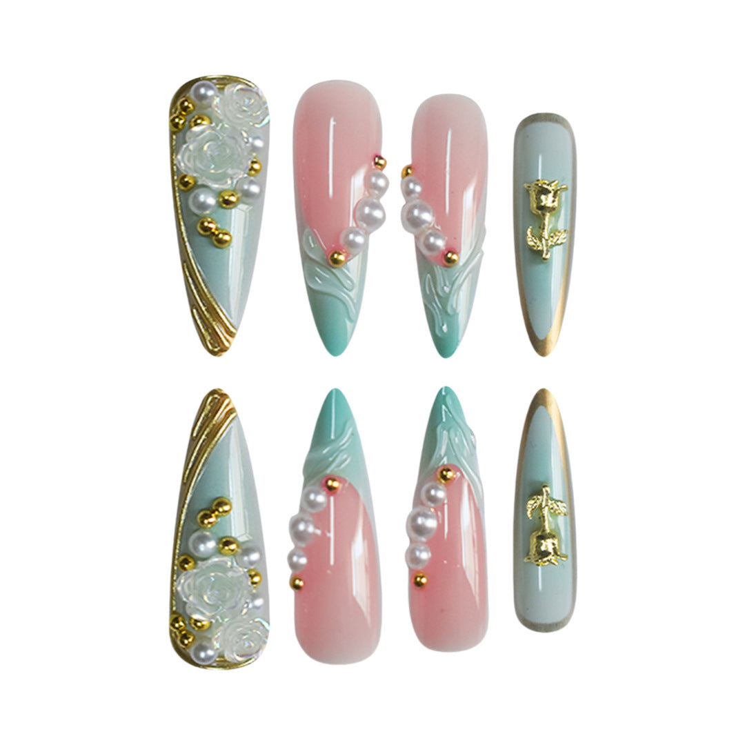 Luxurious Rhinestone and Floral Press-On Nail Art Kalsten