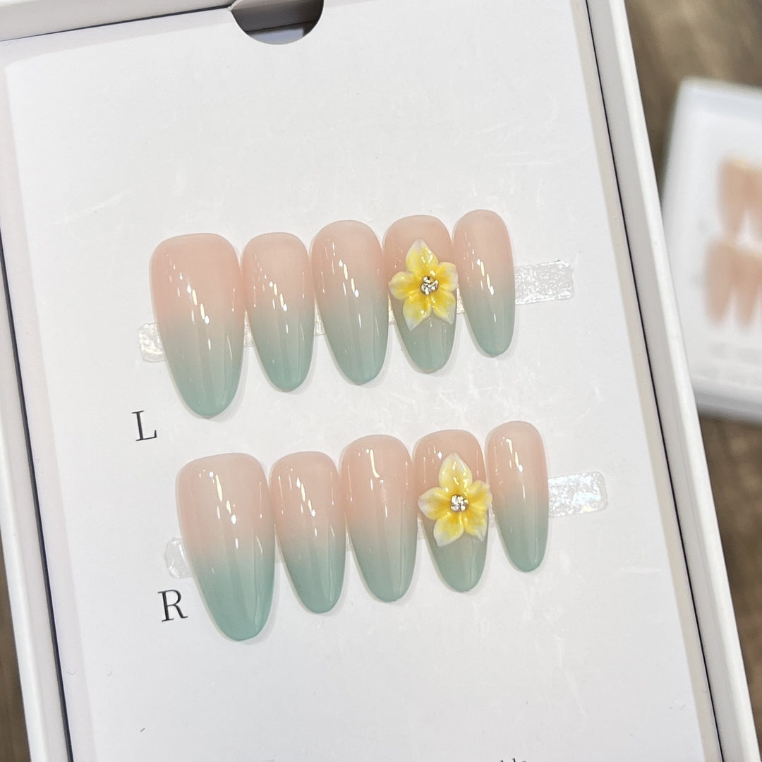 Elegant Ombre Press-On Nail Set with Floral Accents Kalsten