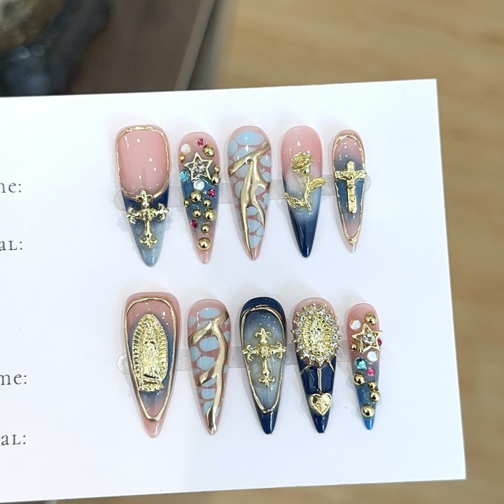 Artistic Decorative Press-On Nail Set with Gemstone Accents
