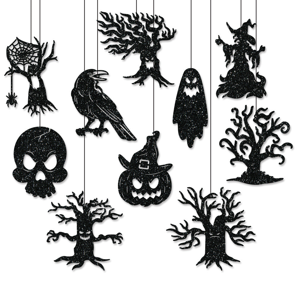 Multi-Part Hanging Halloween Decoration Set with Glitter Silhouettes