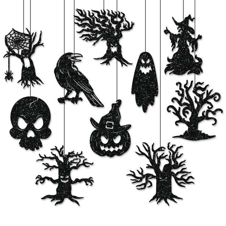 Multi-Part Hanging Halloween Decoration Set with Glitter Silhouettes