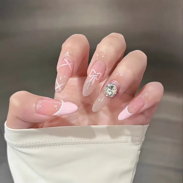 Artistic Press-On Nail Set with Floral and Gemstone Accents Kalsten