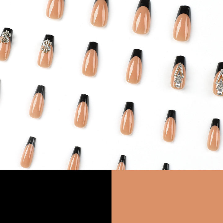 Glamorous artificial nails with rhinestones and black tips Kalsten
