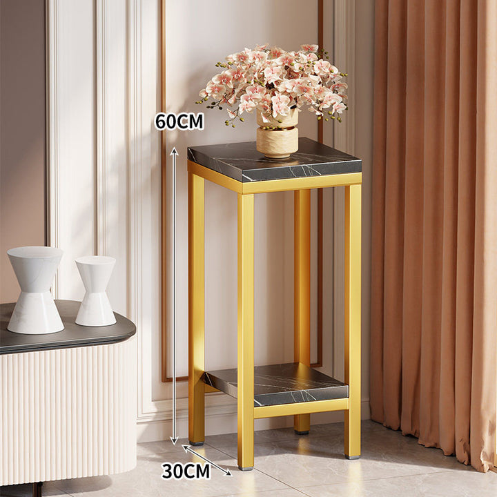 Tall Narrow Marble-Top Plant Stand Side Table with Lower Shelf and Gold Metal Frame