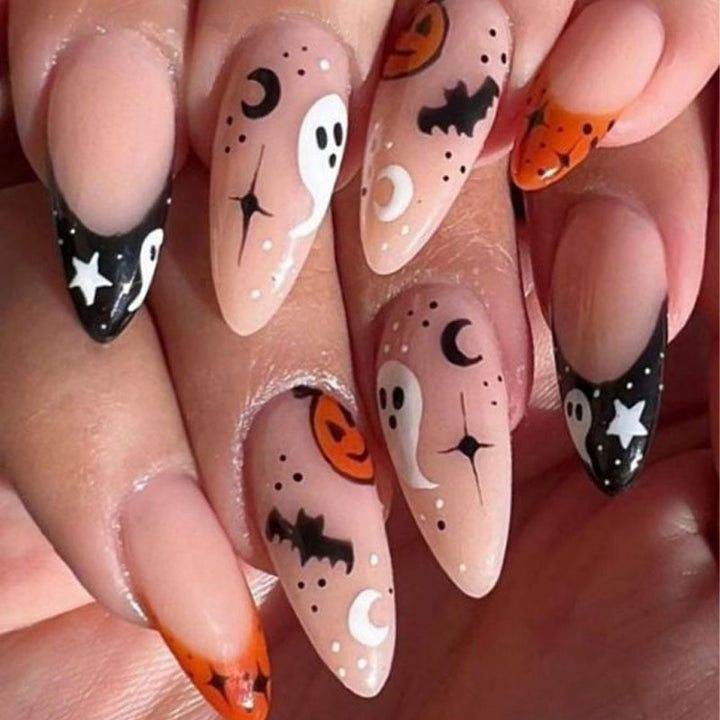 Halloween-themed artificial nails with ghost and pumpkin motifs Kalsten