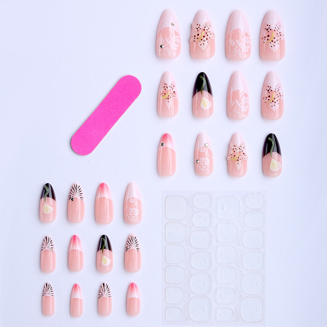 Artificial nails with creative floral designs and glitter accents Kalsten