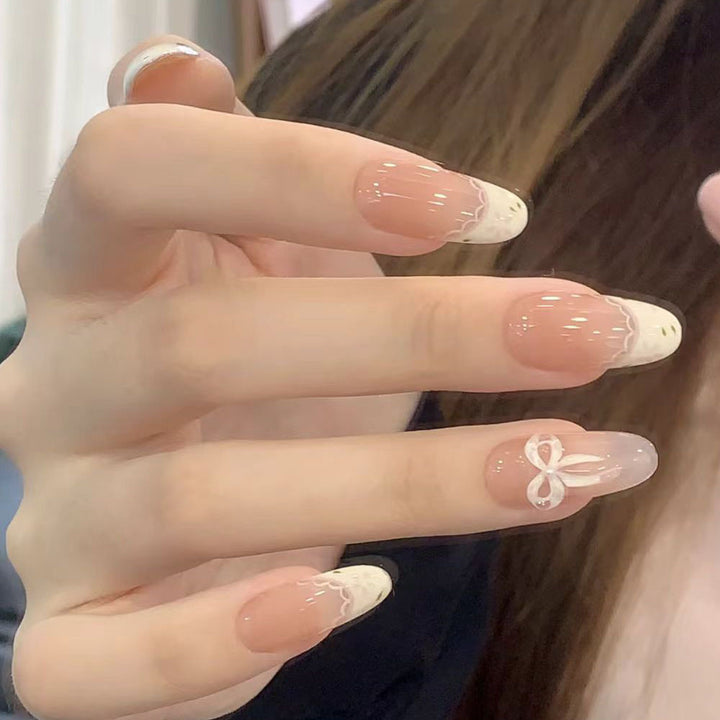 Press-On Nail Art Set with Elegant Bow and French Tip Design Kalsten