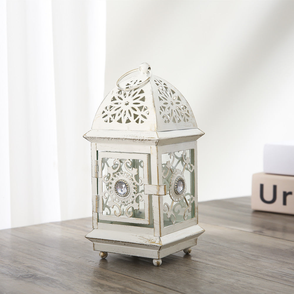 Antique-Style Decorative Metal Glass Candle Lantern with Filigree Cutouts and Hanging Ring Kalsten
