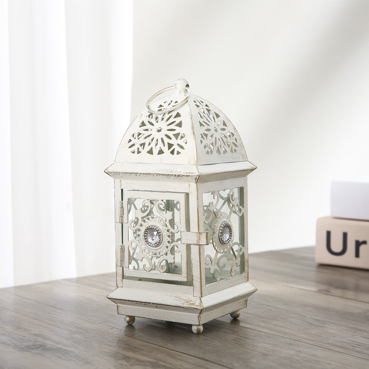 Antique-Style Decorative Metal Glass Candle Lantern with Filigree Cutouts and Hanging Ring Kalsten