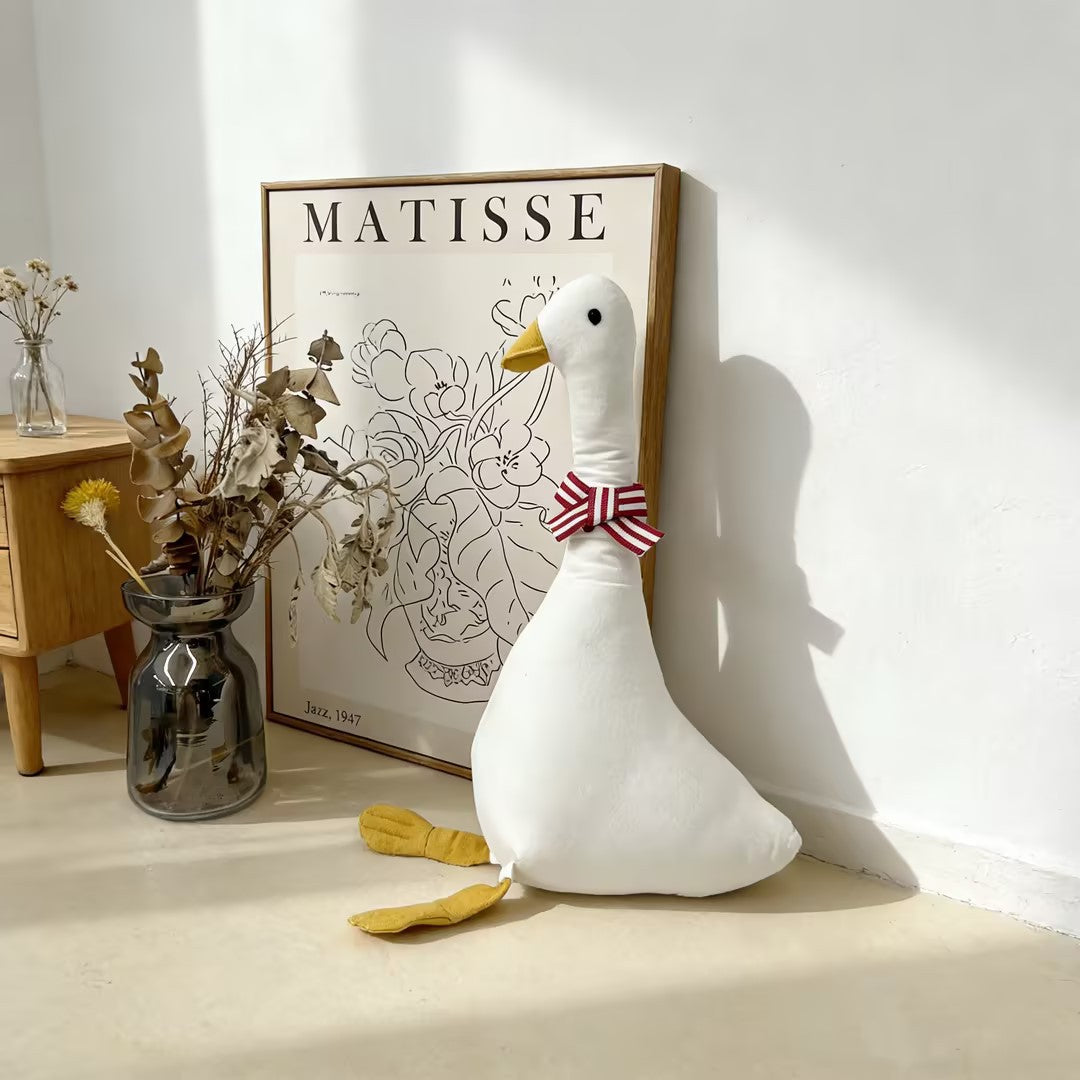 Oversized Linen-Style Goose Plush Pillow with Long Neck and Decorative Bow
