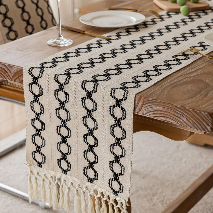 Handwoven Bohemian Cotton Table Runner with Fringe Tassels and Geometric Embroidery