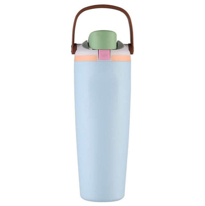 Unisex double-walled vacuum drinking bottle made of stainless steel with one-handed click closure and carrying handle Kalsten