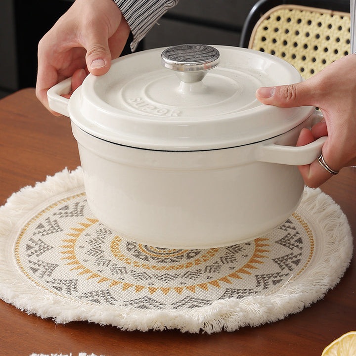 Round woven table placemat with fringe edge and mandala jacquard