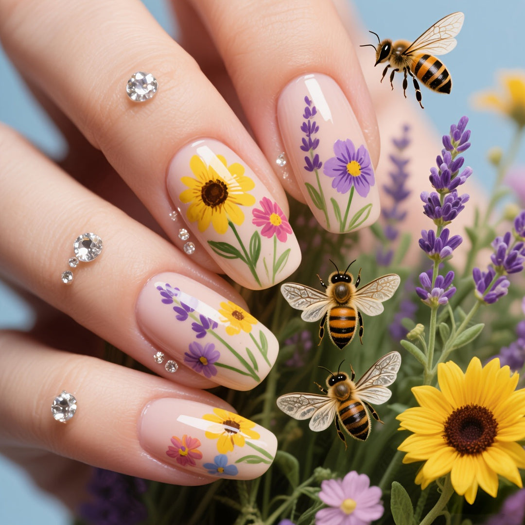 Glittering artificial nails with floral patterns Kalsten