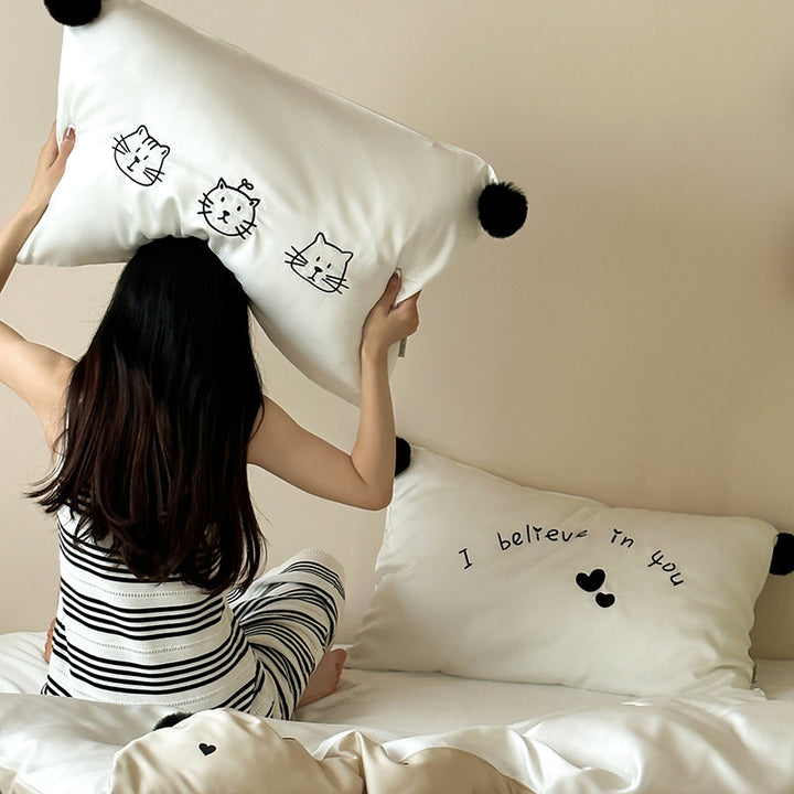Cotton satin bedding set with heart allover, cute cat embroidery and pompom pillow