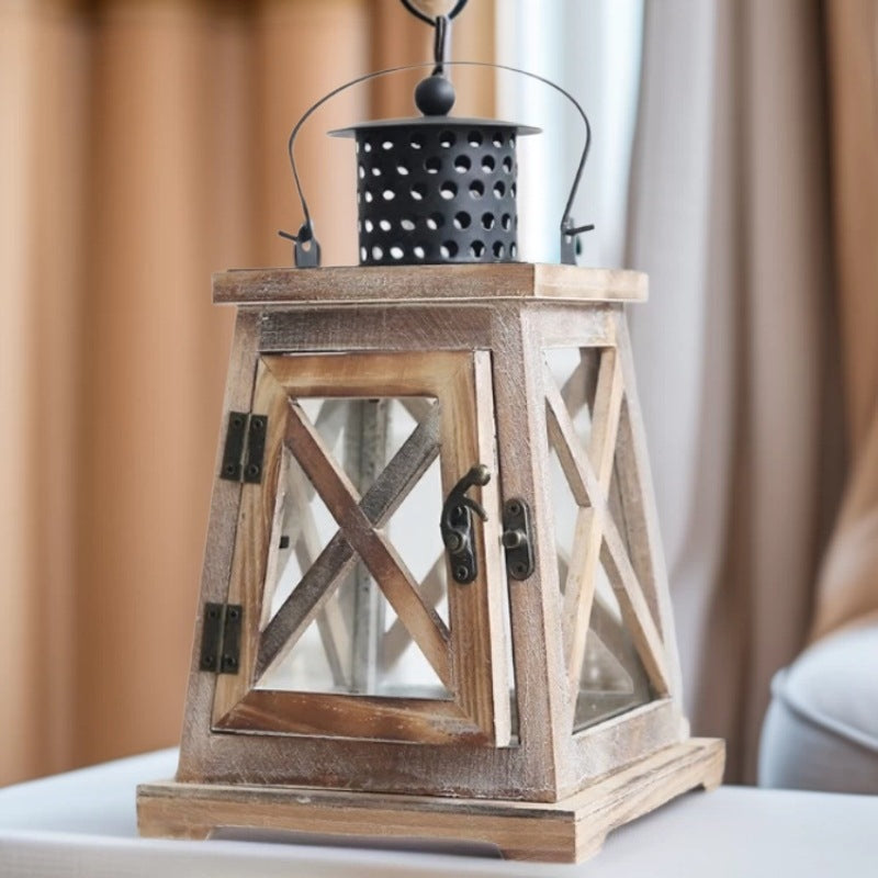 Vintage Farmhouse Glass-Panel Tapered Wooden Lantern with Perforated Metal Chimney Kalsten