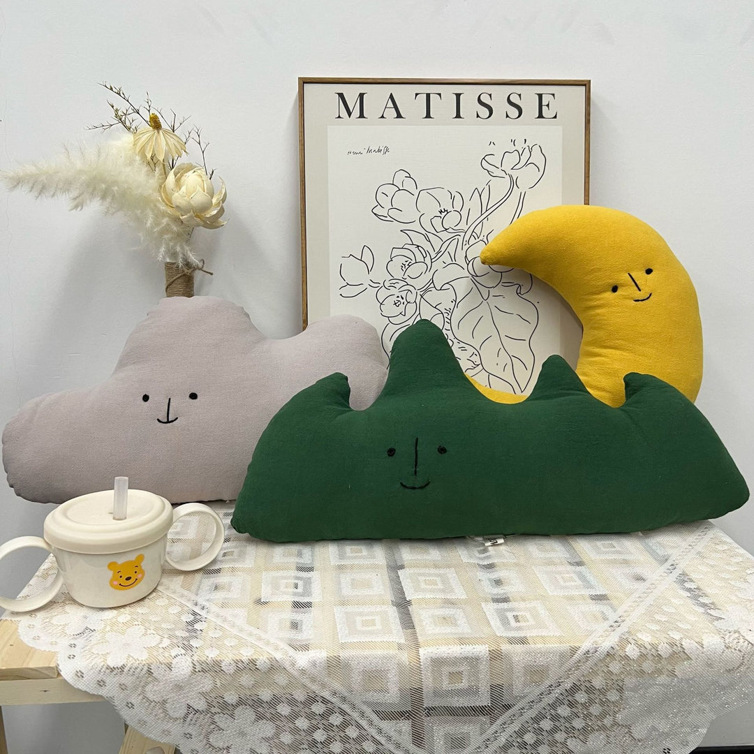 Crescent Moon Plush Decorative Cushion with Embroidered Face