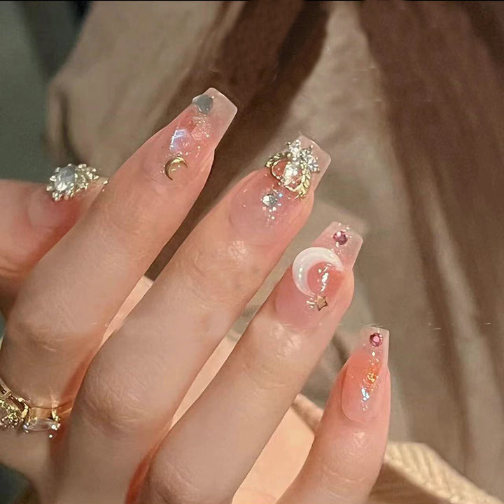 Artistic Press-On Nail Tips with Gemstone and Moon Accents Kalsten