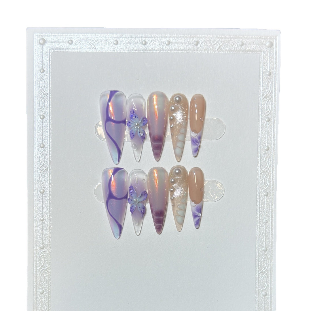 Artistic Stiletto Press-On Nail Design Set with Floral Elements Kalsten