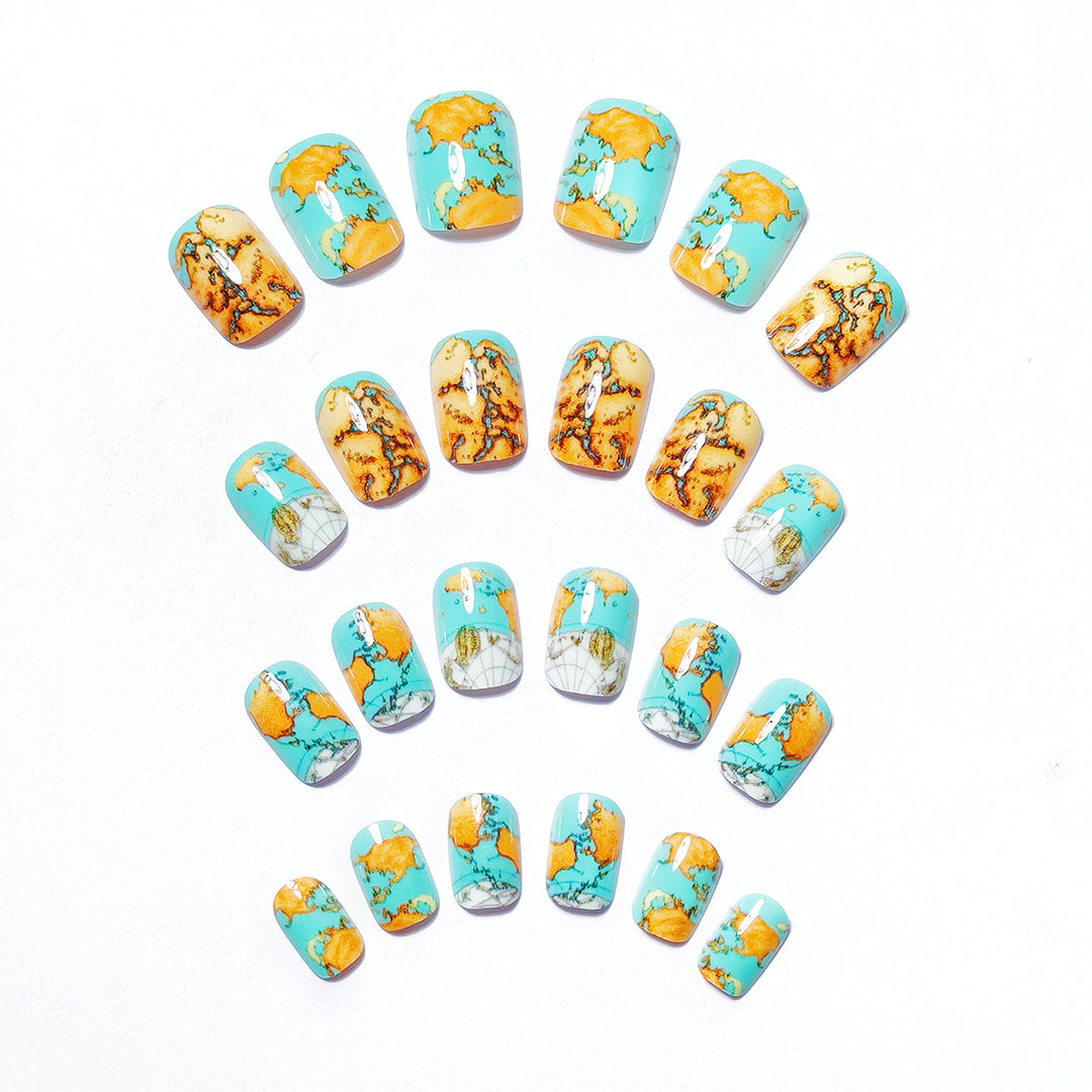 Creative artificial nails with world map inspired design Kalsten
