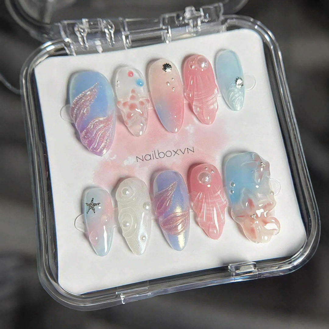 Artistic Nail Art Press-On Set with Oceanic-Inspired Designs kalsten