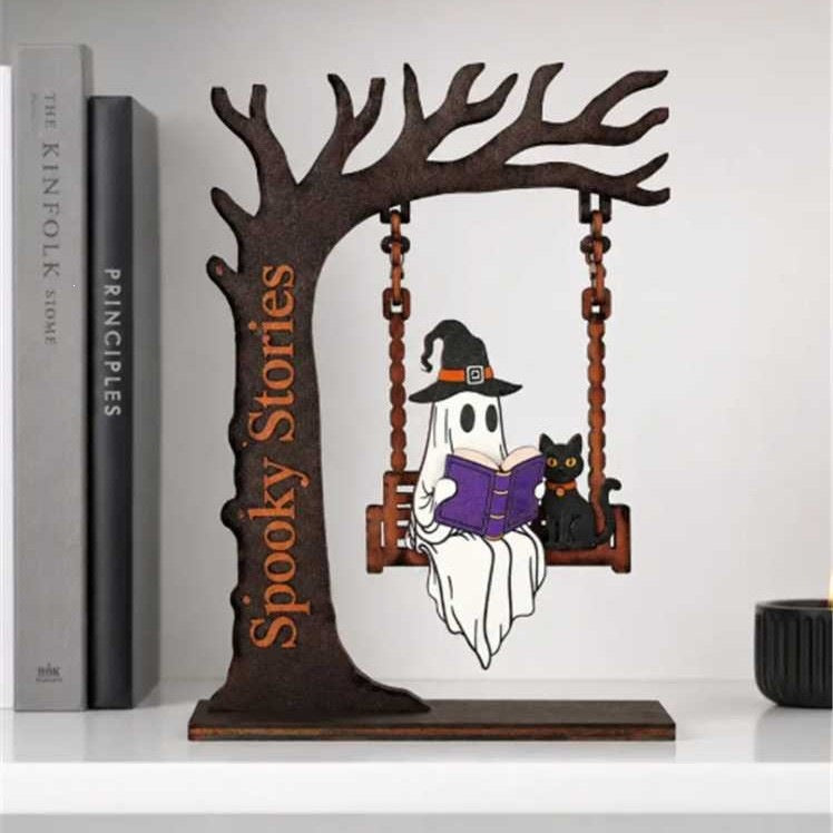 Whimsical Ghost and Cat Hanging Sign Sculpture Kalsten