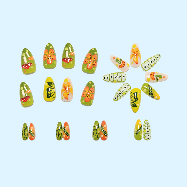 Artificial nails in forest style with floral and mushroom-shaped designs Kalsten