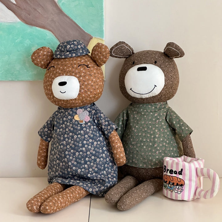 Large cuddly teddy bear made of cotton fabric with a floral shirt handmade