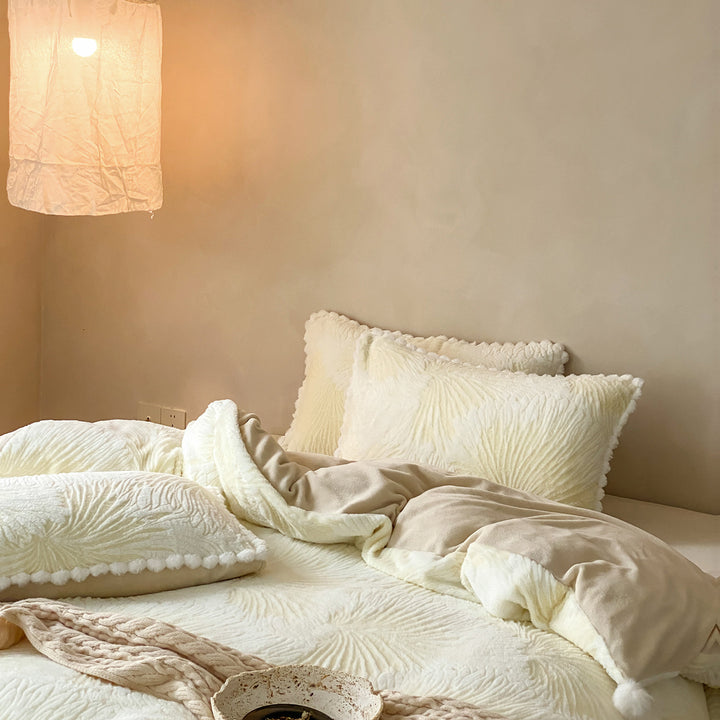Cozy microfiber bedding set with jacquard floral relief and pompom edge