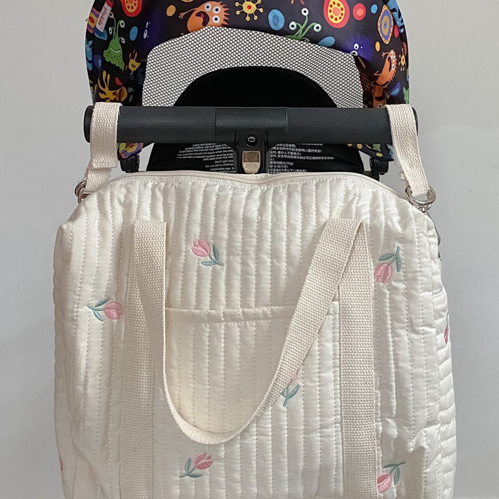Quilted Convertible Diaper Backpack with Embroidered Animal Appliqué and Stroller Hook