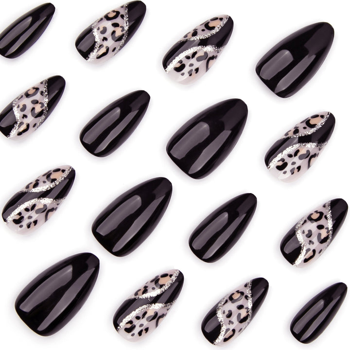Artistic stiletto nails with leopard design and glitter effects Kalsten