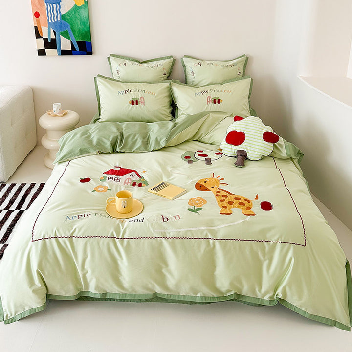 Child bedding set with applied safari giraffe, apple tree motif and fine embroidery
