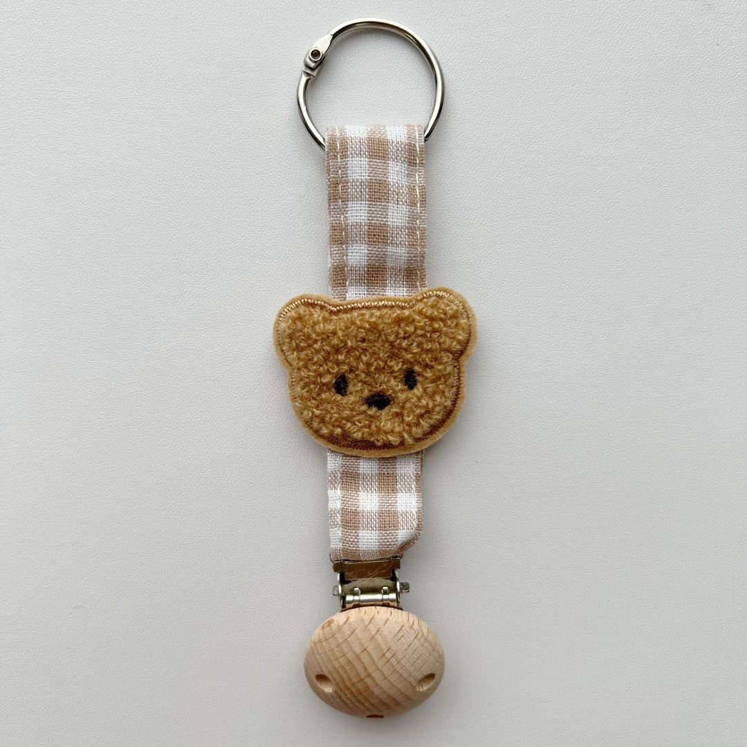 Embroidered Teddy Pacifier and Teether Clip with Wooden Safety Clamp