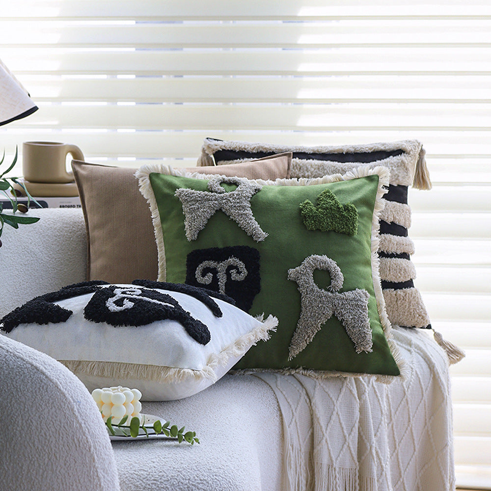 Square decorative cushion cover with hand-tufted ethnic appliqué motif and fringed edge Kalsten
