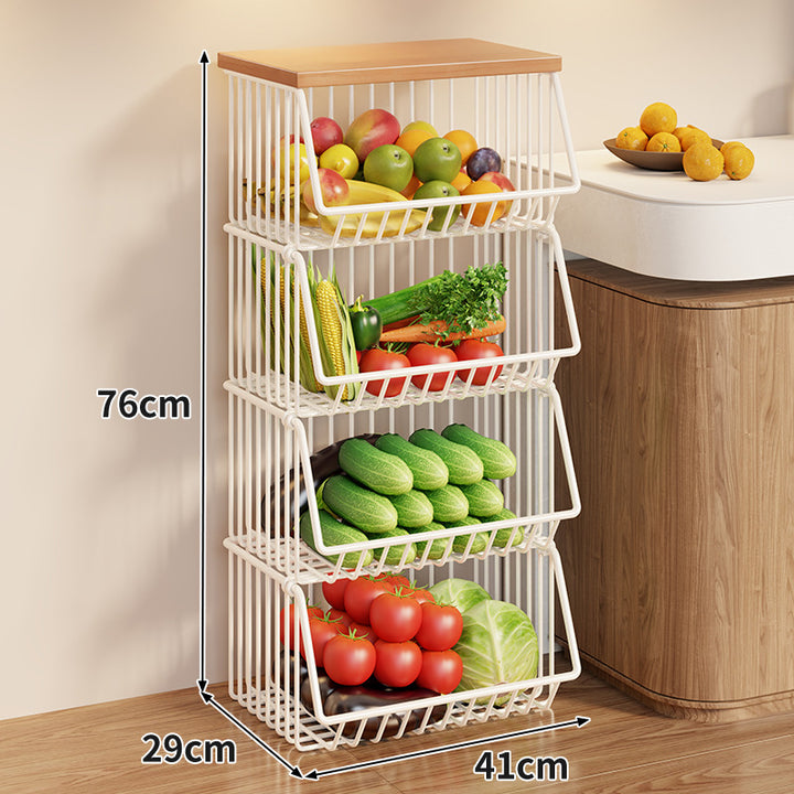 Compact Triple-Tier Rolling Wire Vegetable and Fruit Storage Cart with Wooden Top