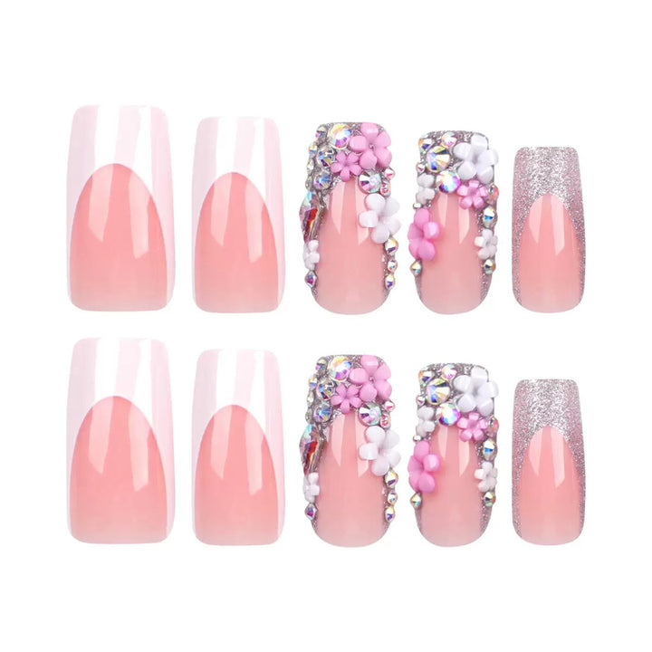 Artificial nail set with elegant 3D flowers and glitter embellishments Kalsten