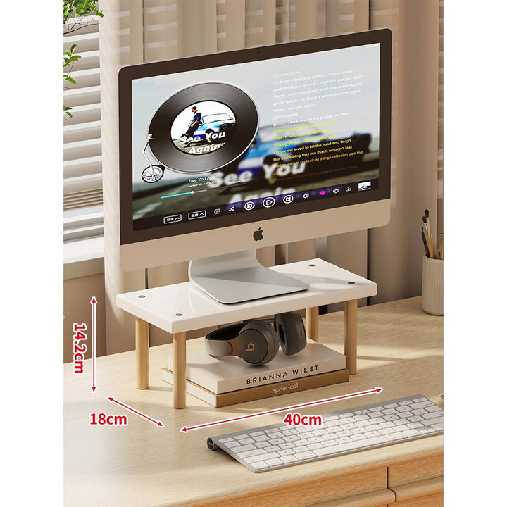 Compact Elevated Monitor Riser Stand with Wooden Legs and Under-Storage