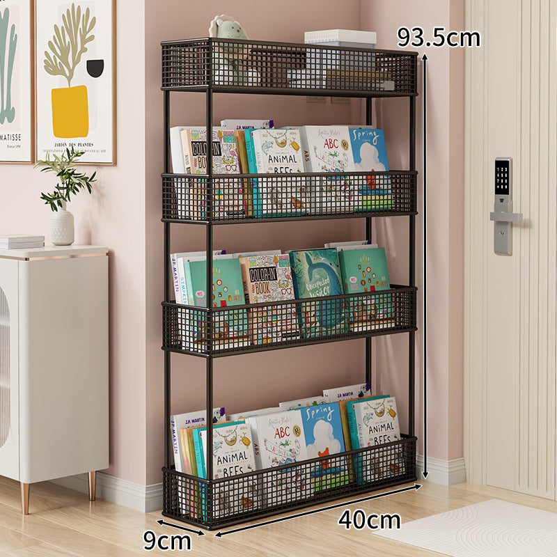 Freestanding Four‑Tier Metal Mesh Book and Display Shelf Rack